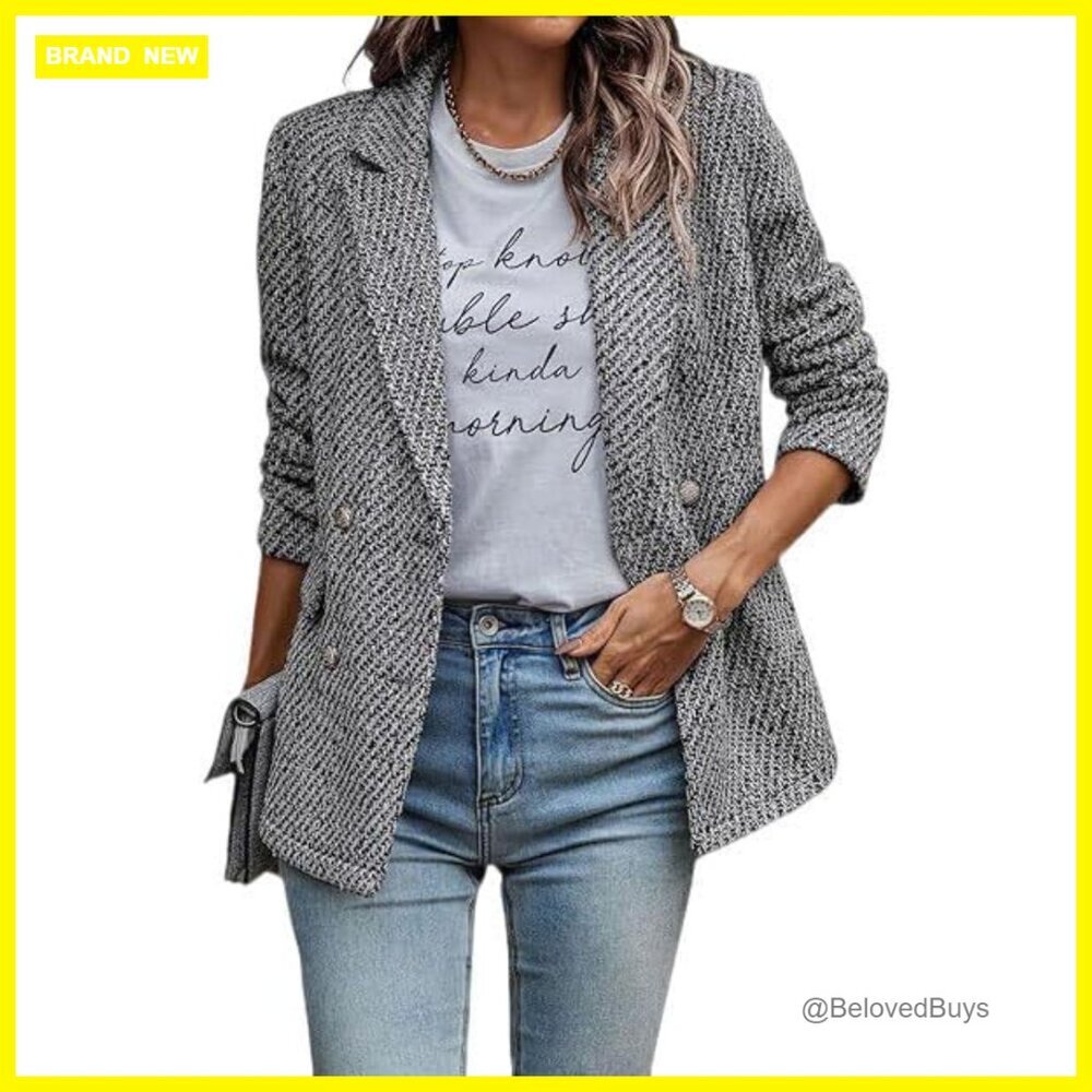Tweed Blazer Double Breasted Office Casual Long Sleeve Jacket